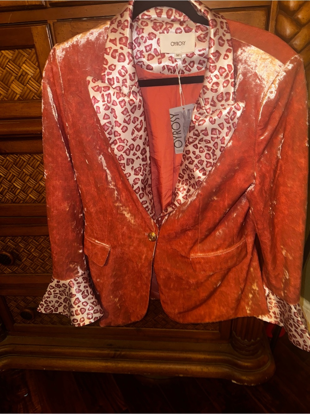 Oyrosy Rust Velvet Blazer with Leopard-Print Trim
